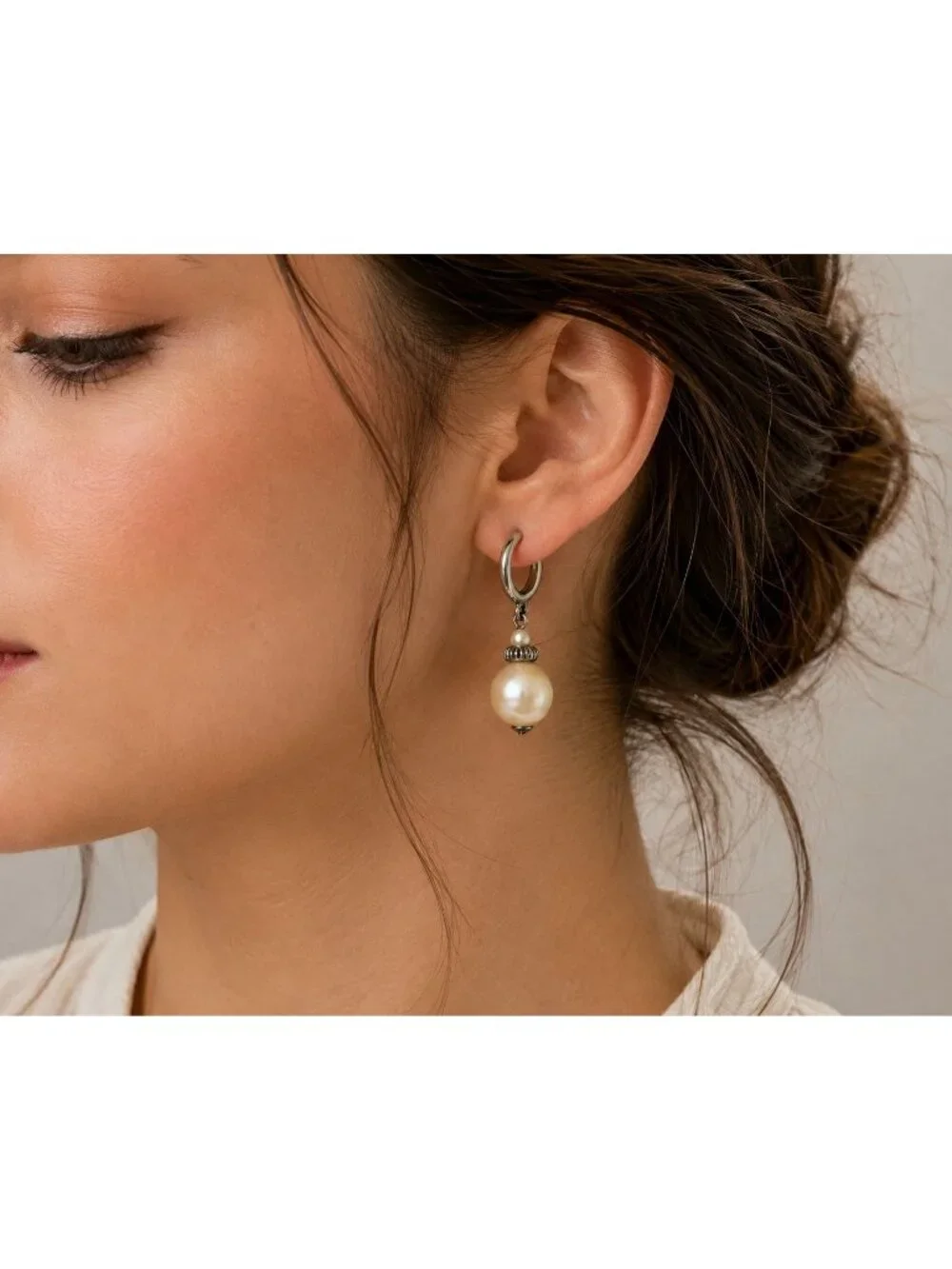 Vintage Faux Pearl Drop Hoop Earrings Silver Tone Dangle Classic Costume Jewelry